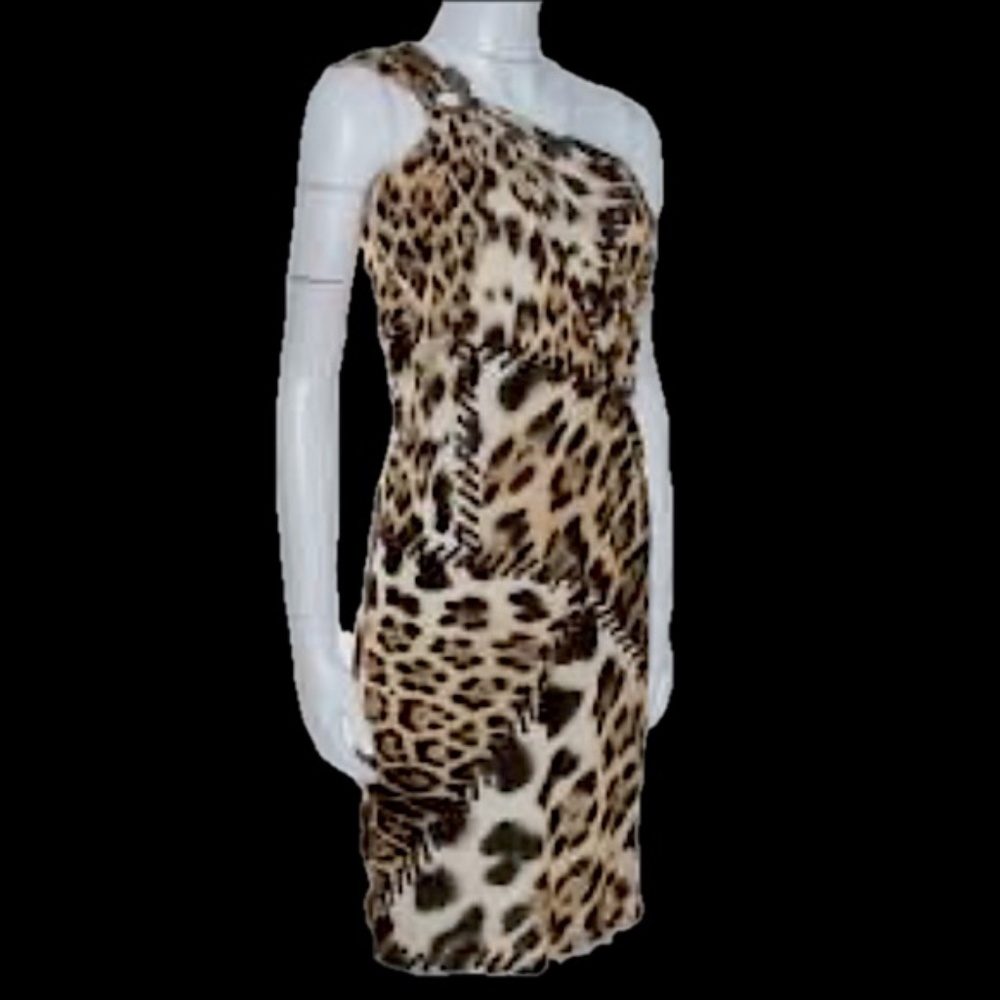 ๐ฎ๐น Roberto Cavalli Brown Animal Print Brooch Detail One Shoulder Dress Size 4 - Picture 4 of 15